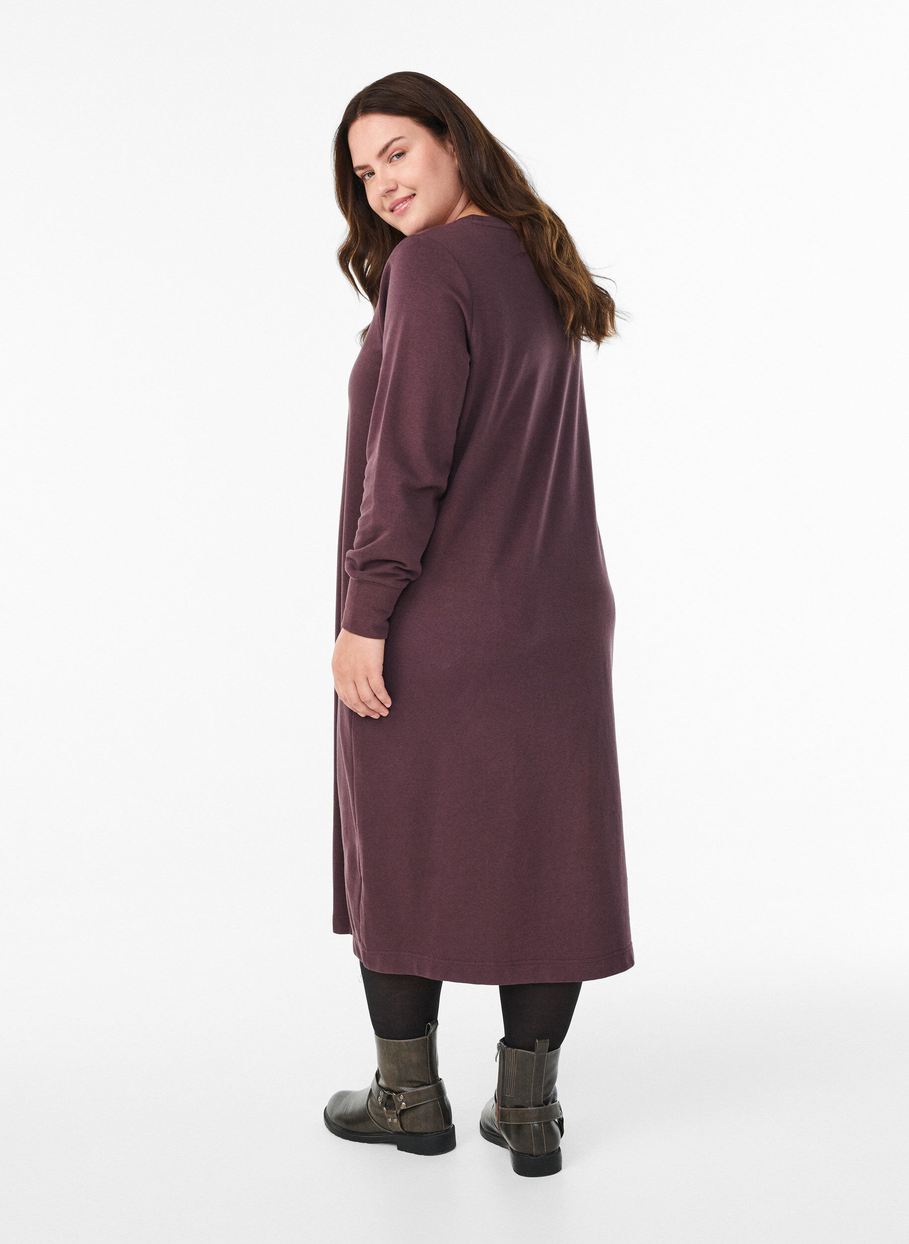 Zizzifashion Cotton sweat dress with pockets, Dark Bordeaux, Model image number 1