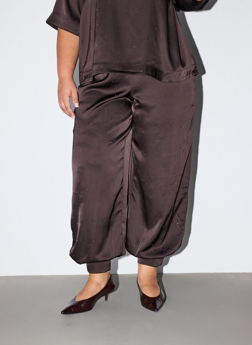 Satin balloon trousers with rhinestones, Brown, Model image number 2