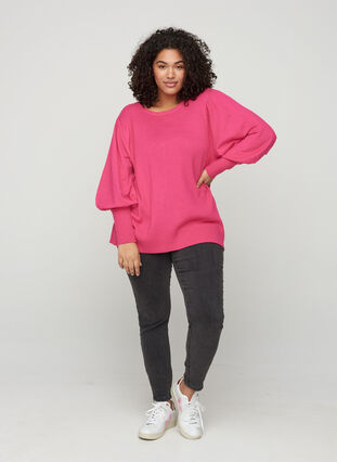 Knitted top with round neck and balloon sleeves , Fuchsia Purple Mel, Model image number 2