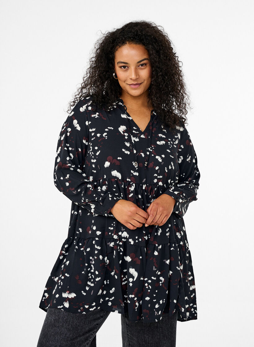 Tunic with print and ruffled collar, Black AOP Print, Model image number 0