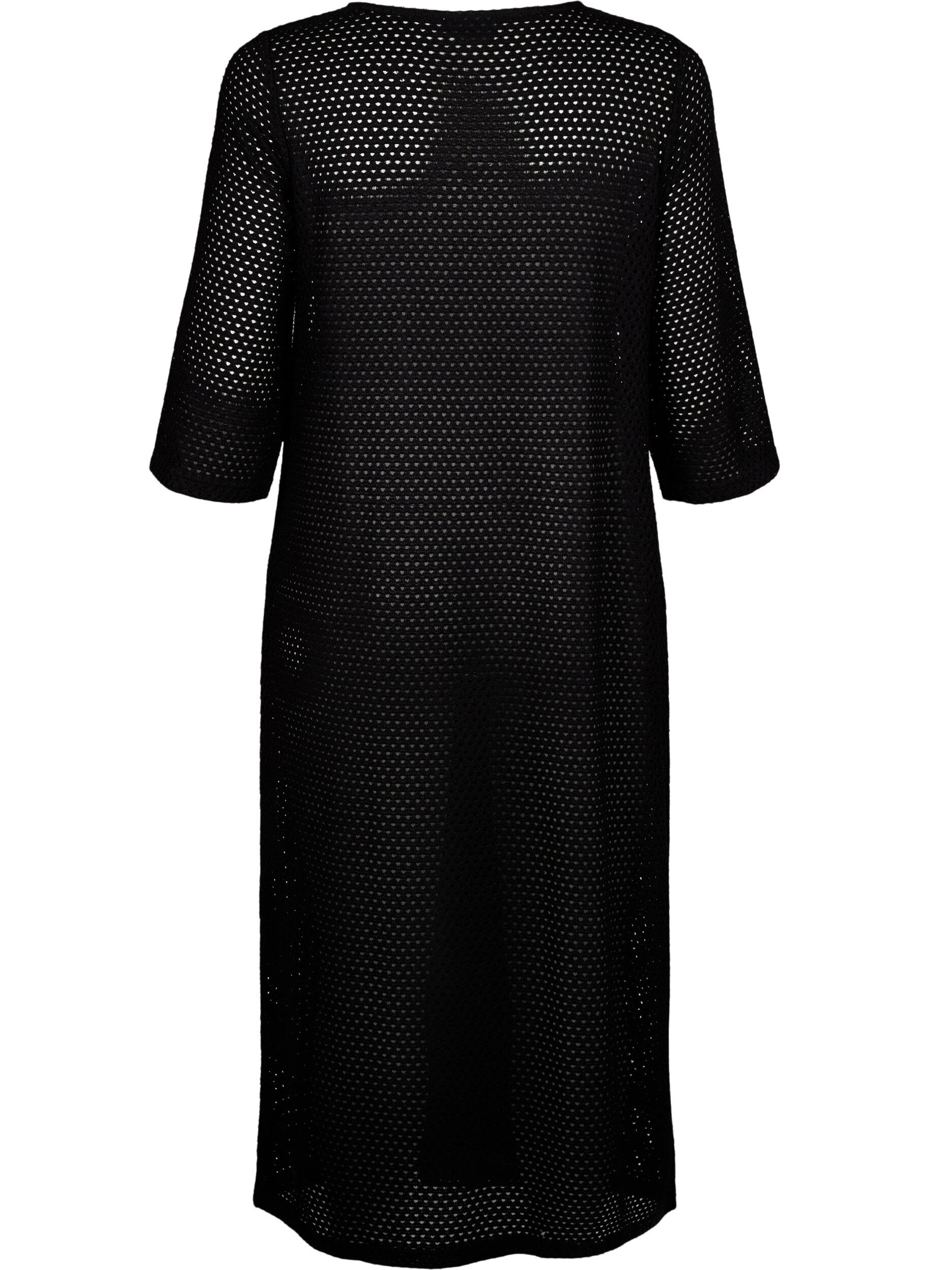 Zizzifashion 3/4 sleeve dress with knitted lace pattern, Black, Packshot image number 1