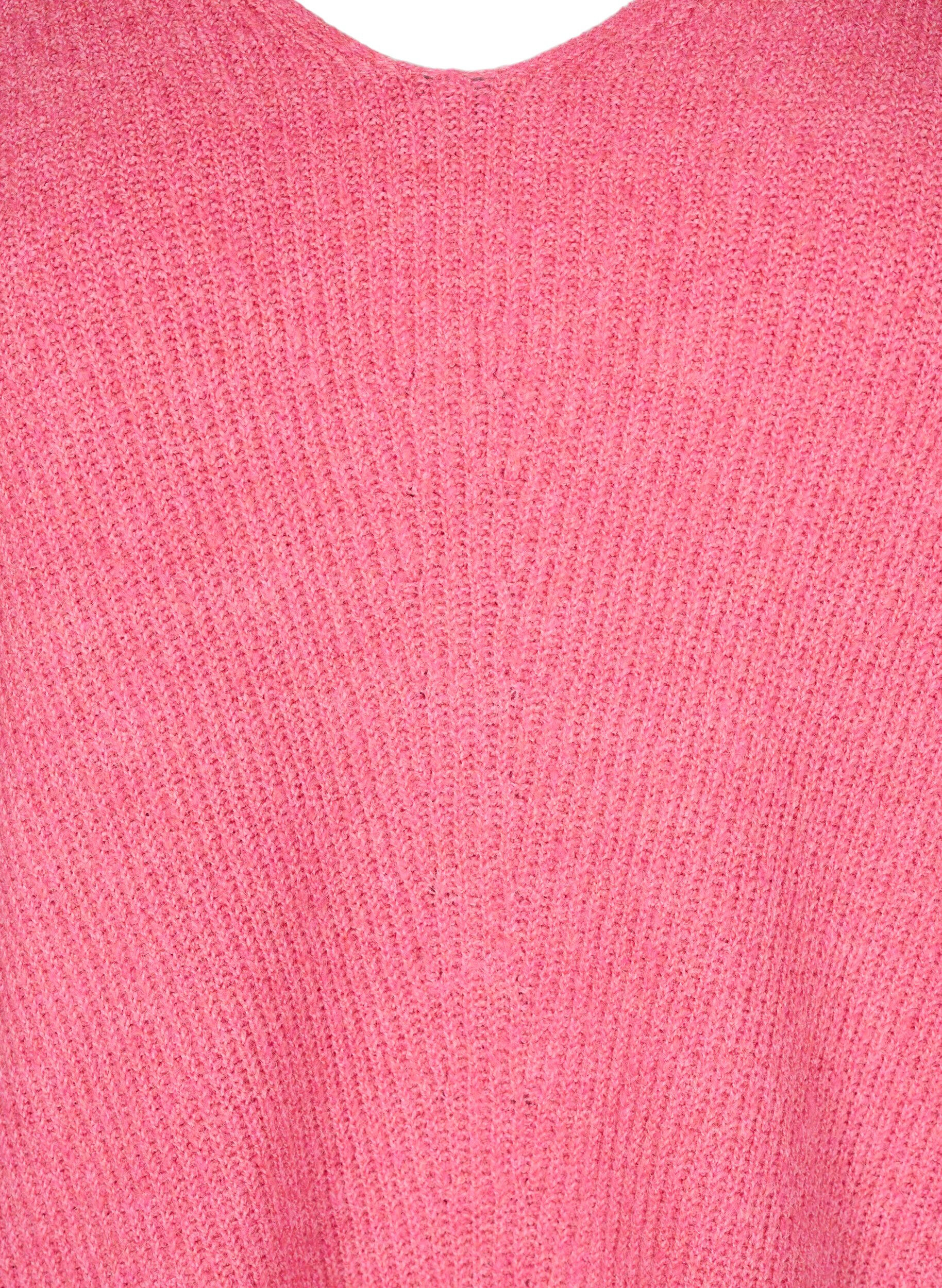 Zizzifashion Knitted blouse with v-neck and long sleeves, Bubblegum Wh. Mel., Packshot image number 2