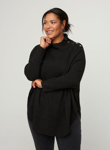 Knitted poncho with button details, Black, Model image number 0