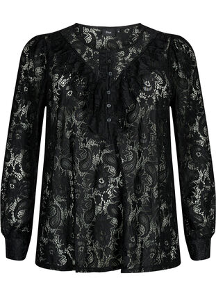 Lace top with frill detail, Black, Packshot image number 0