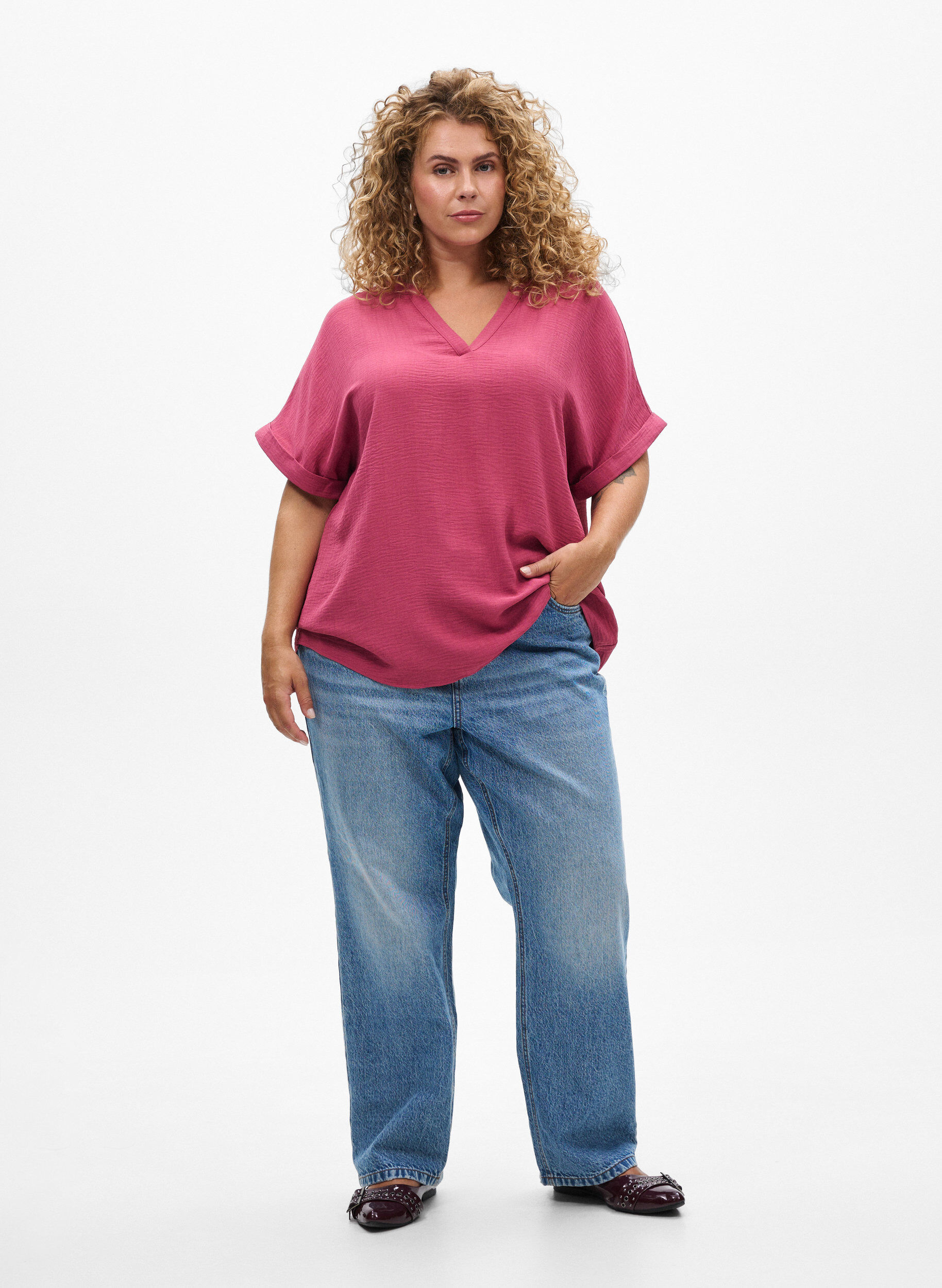 ZizzifashionLoose blouse with short sleeves, Red, Model image number 1