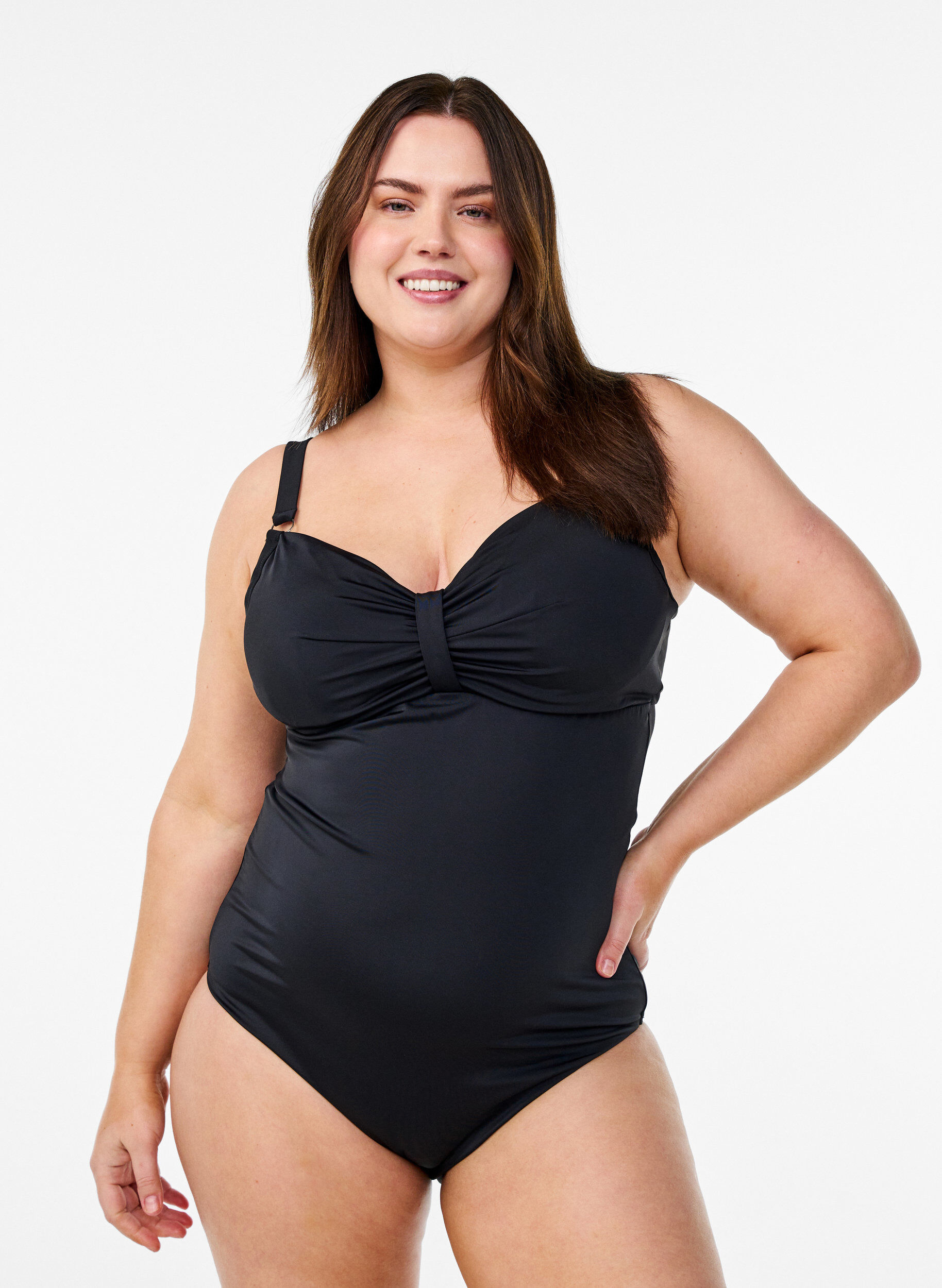 Swimsuit with underwire and draping, Black, Model