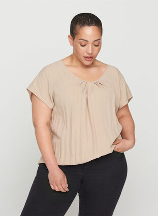 Short-sleeved viscose blouse with round neck, Light Taupe, Model image number 0