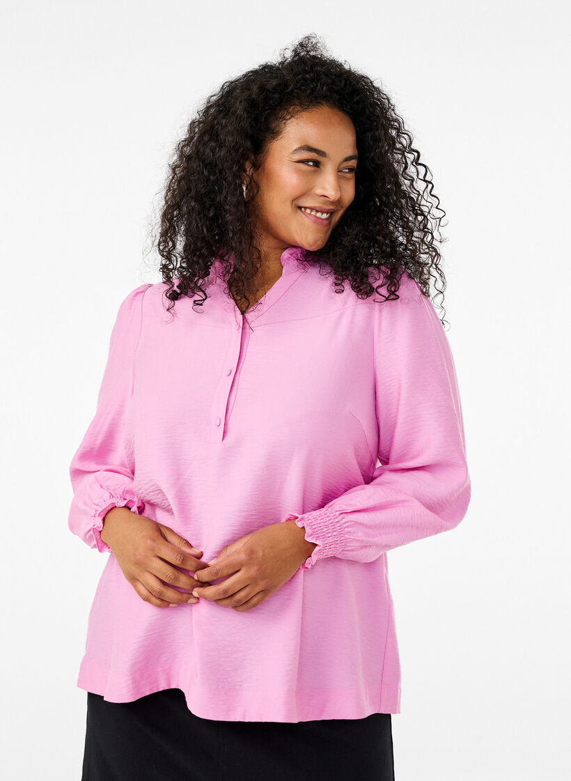 Blouse with ruffle collar, Pink, Model image number 0