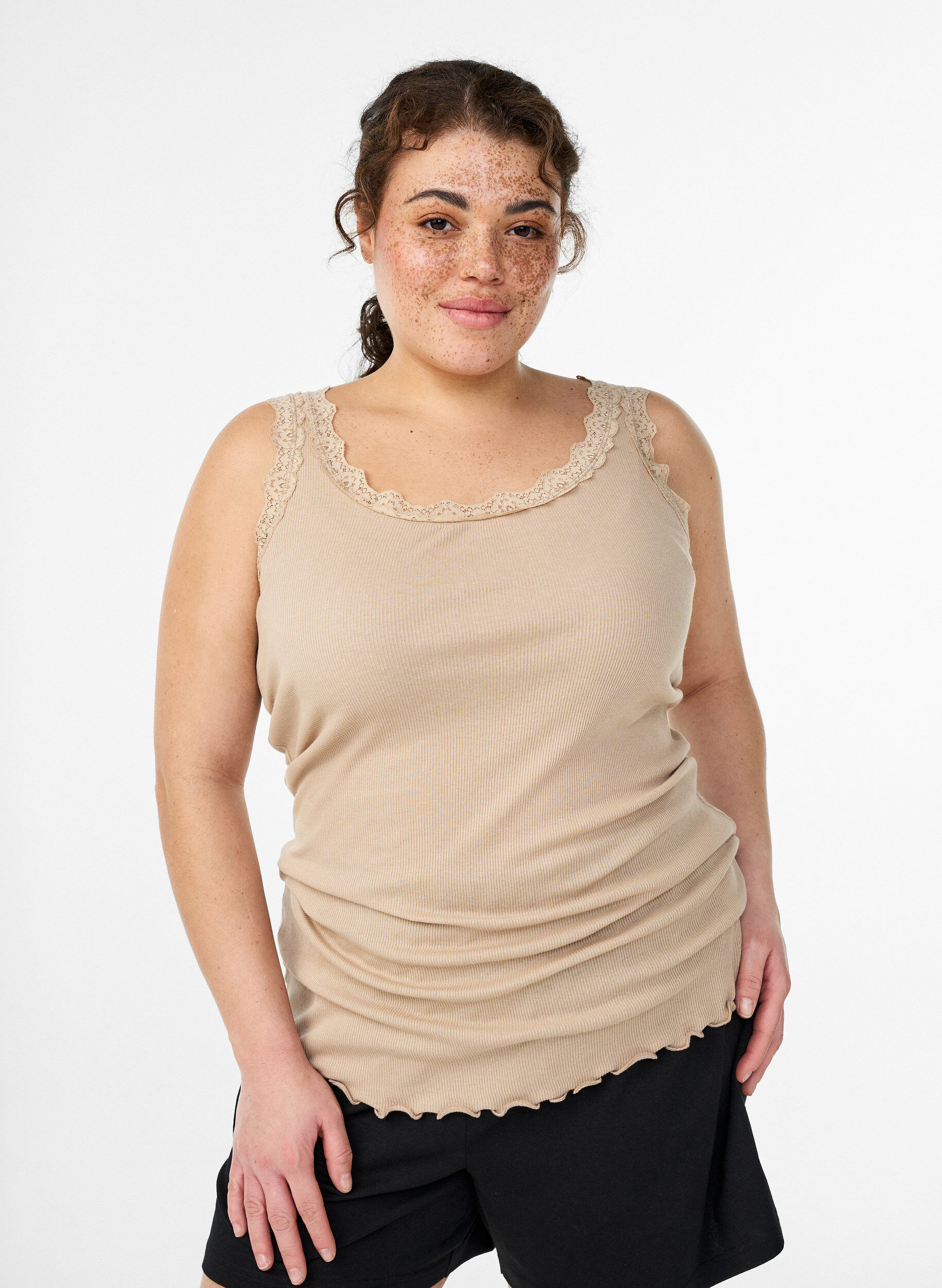 Zizzifashion Top with lace trim, Beige, Model image number 0
