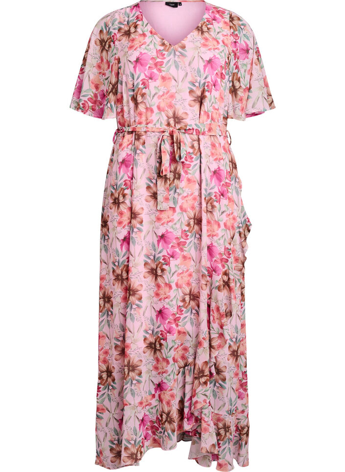 Chiffon maxi dress with a V-neck and ruffle hem, , Packshot image number 0