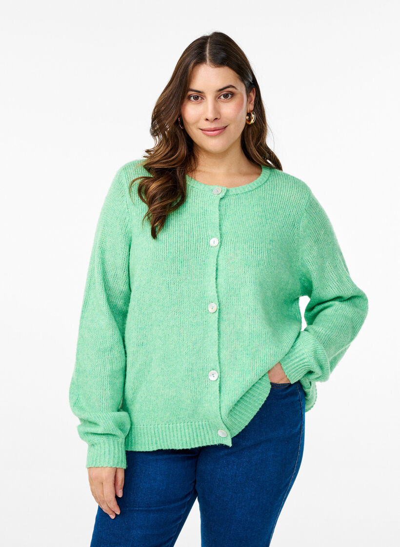 Knitted cardigan with wool and buttons, Light G. Green Mel., Model image number 0