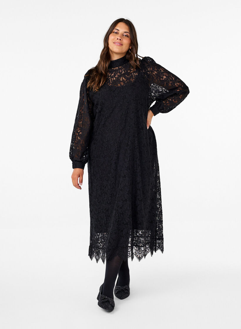 Long-sleeved lace dress with high neck, Black, Model image number 0