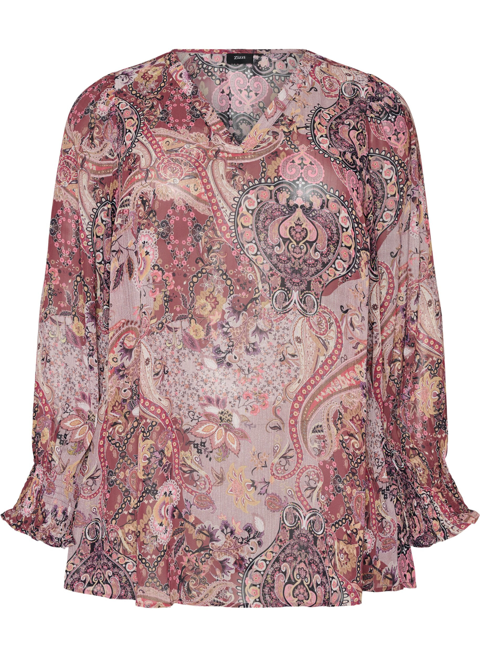 Tunic with paisley print and smocked cuffs