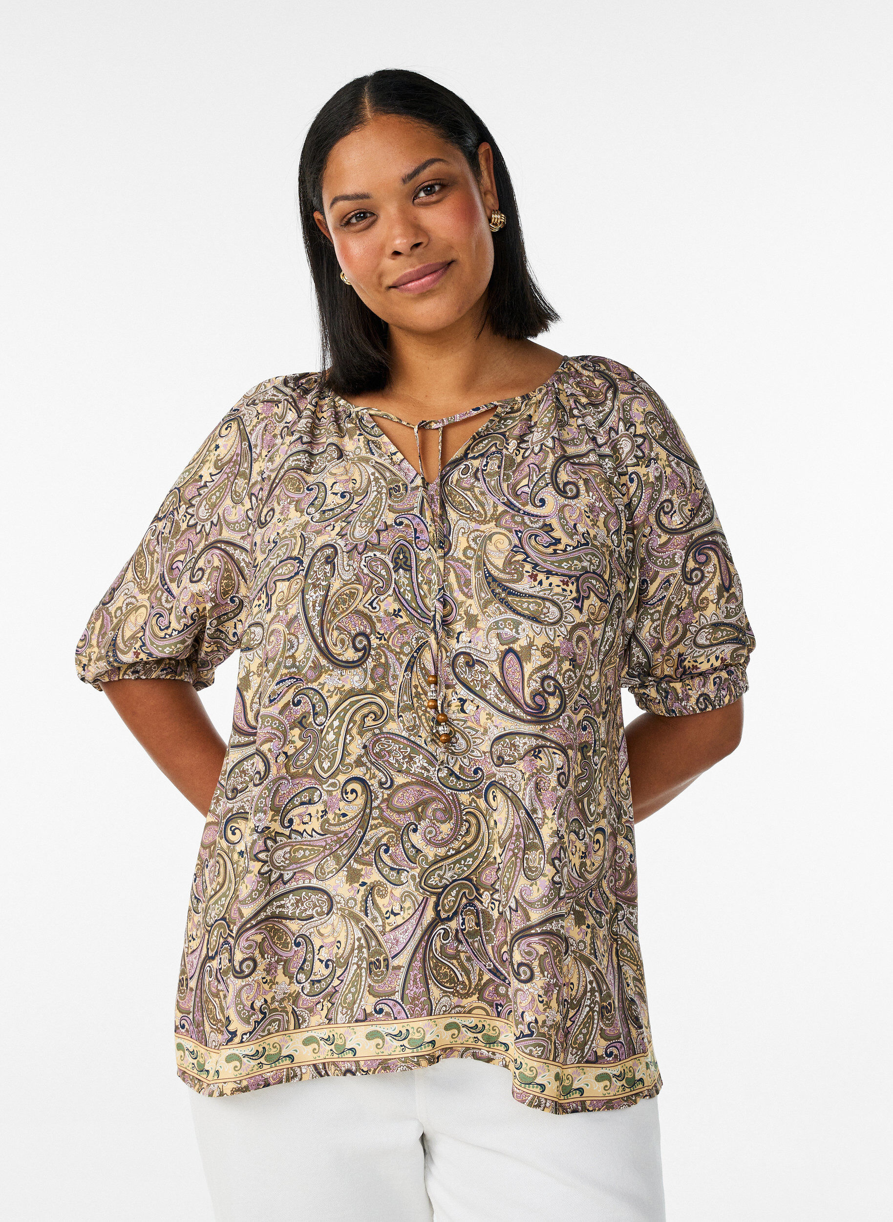 Zizzifashion Viscose blouse with paisley print and tie-string, Yellow, Model image number 0
