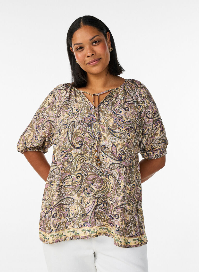 Viscose blouse with paisley print and tie-string, Yellow, Model image number 0