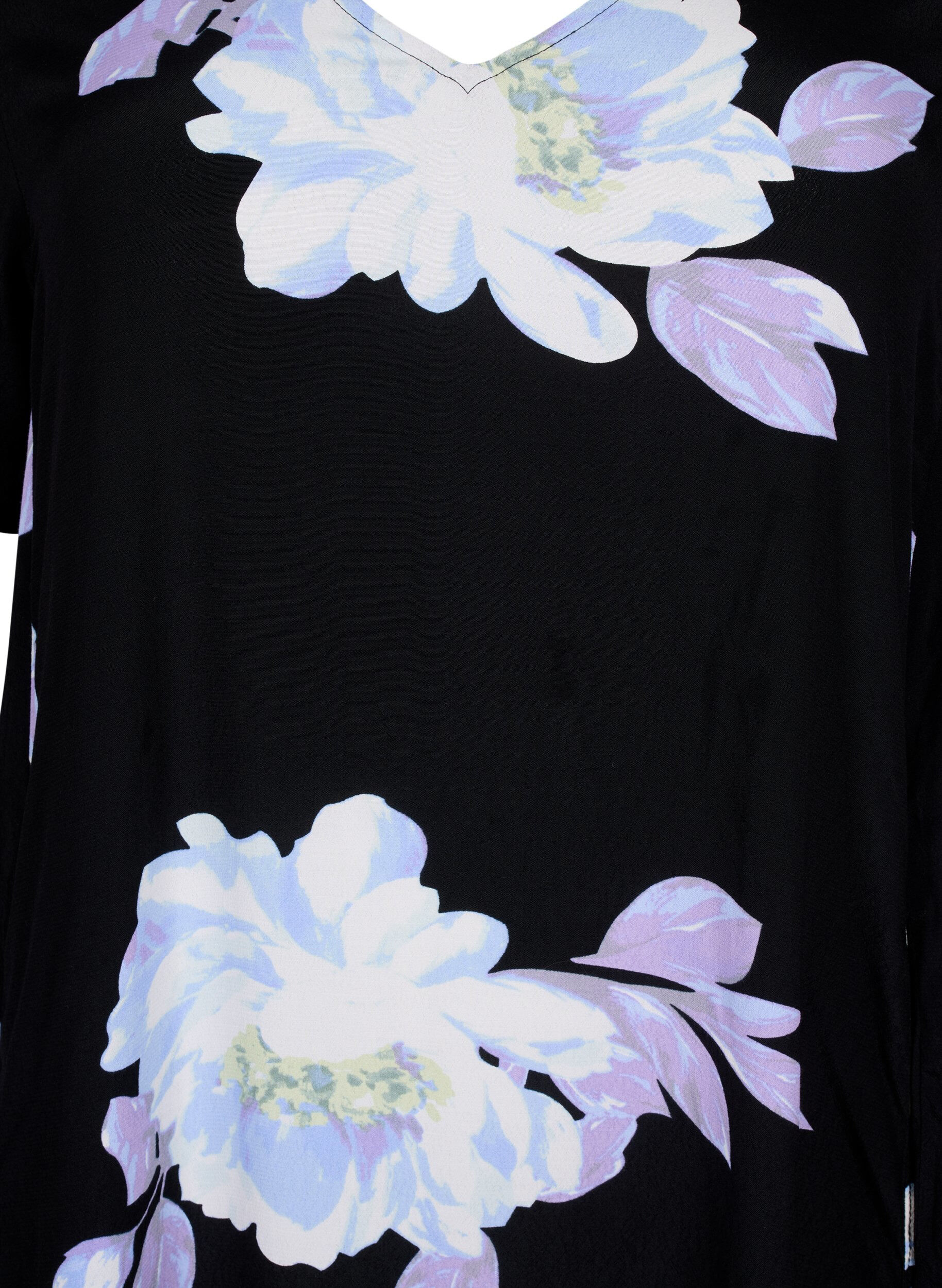Zizzifashion Floral viscose dress with short sleeves, Black Big Flower AOP, Packshot image number 2