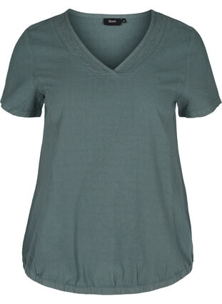 Short-sleeved cotton blouse with a v-neck, Balsam Green, Packshot image number 0