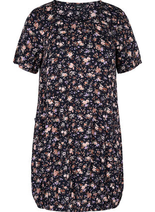 Short-sleeved viscose dress with print, Black Small Flower, Packshot image number 0