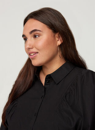 Cotton tunic with 3/4 length balloon sleeves, Black, Model image number 2