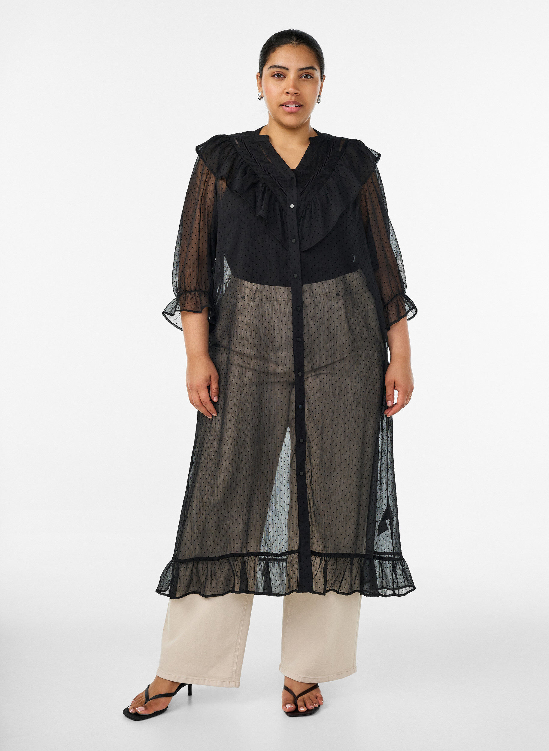 Zizzifashion Midi dress in a lightweight, sheer fabric with dots and ruffles, Black, Model image number 0
