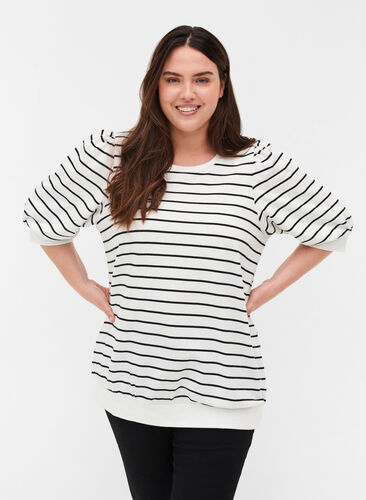 Striped sweatshirt with balloon sleeves, Snow White w. Black, Model image number 0