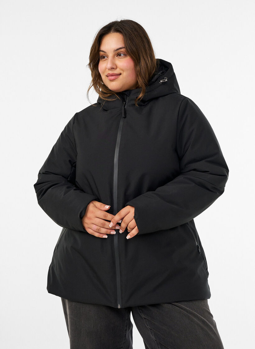 Winter jacket with hood and adjustable waist, Black, Model image number 0