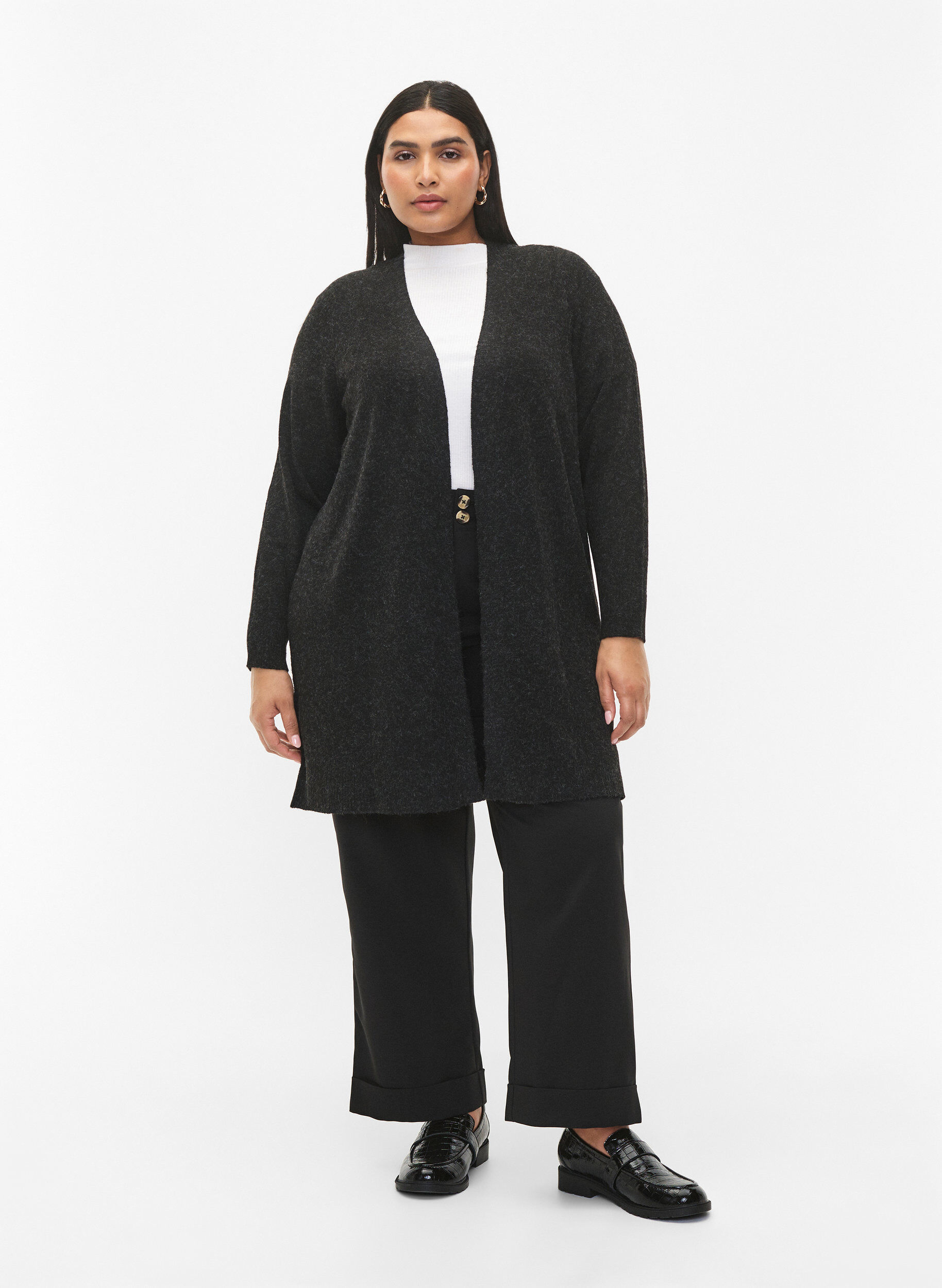 Zizzifashion Long open front cardigan, Dark Grey Melange, Model image number 2