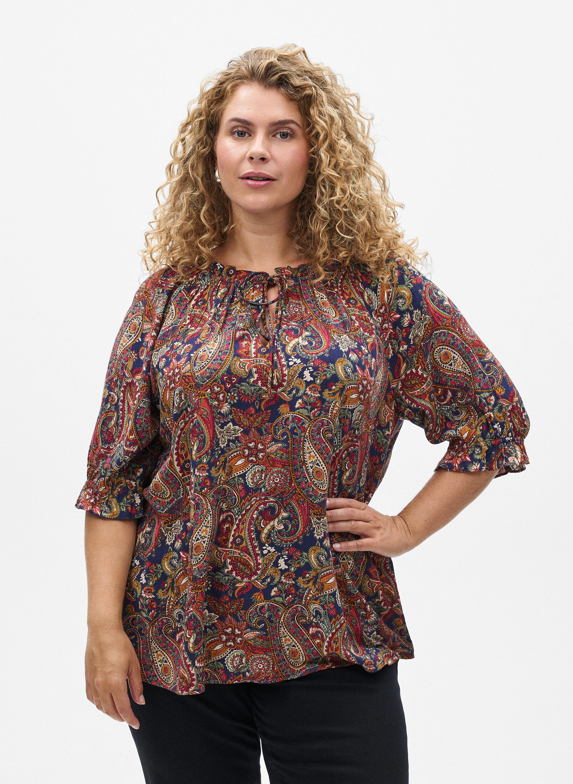 Zizzifashion Viscose blouse with paisley print and elbow length sleeves, Blue, Model image number 0