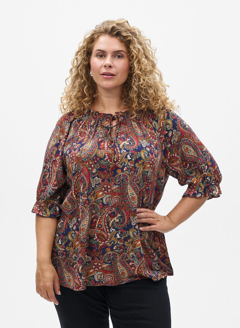 Viscose blouse with paisley print and elbow length sleeves, Blue, Model image number 0