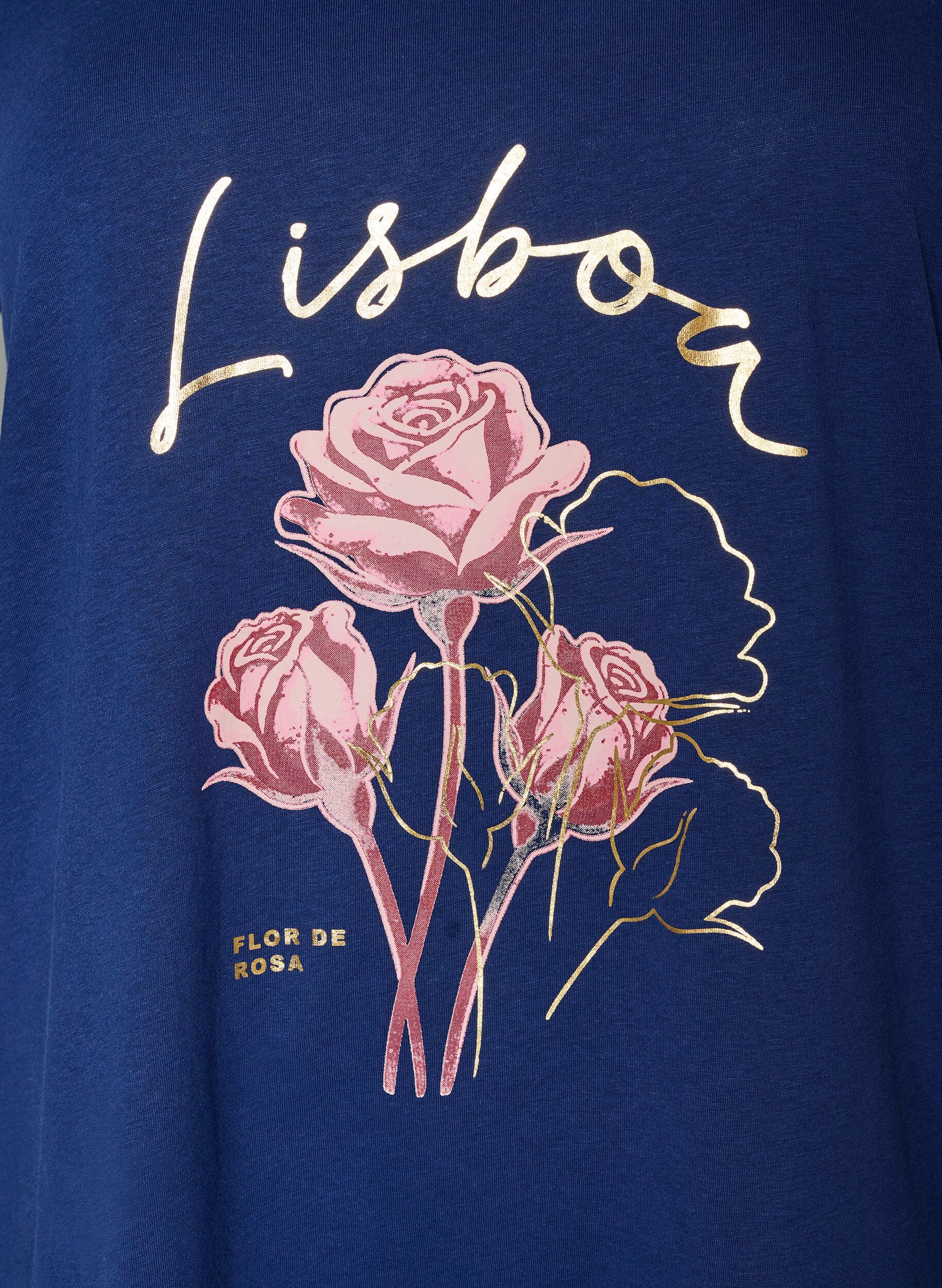 ZizzifashionCotton T-shirt with front print and V-neck, Blue, Packshot image number 2