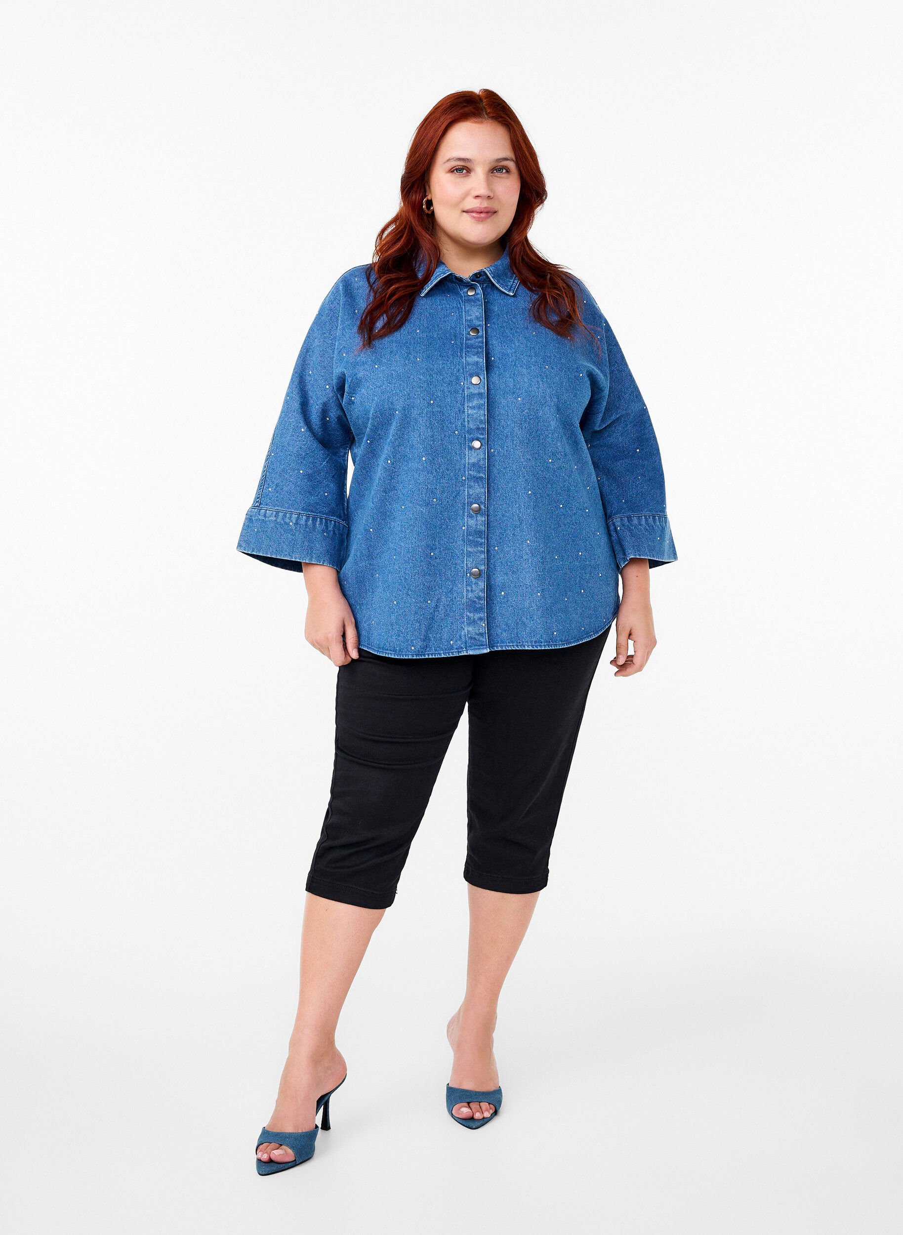 Zizzifashion Denim shirt with rhinestones and 3/4 sleeves, Bl. Denim Rhinestone, Model image number 2