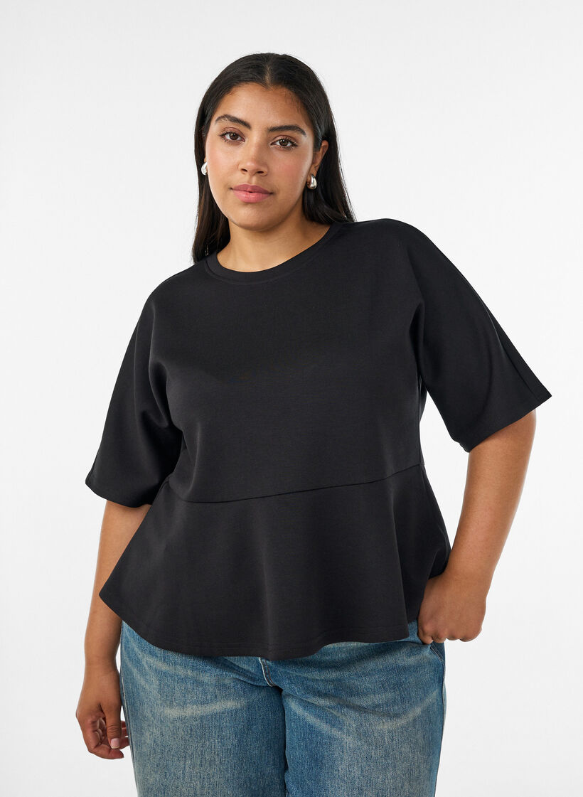Peplum blouse with elbow-length sleeves, Black, Model image number 0