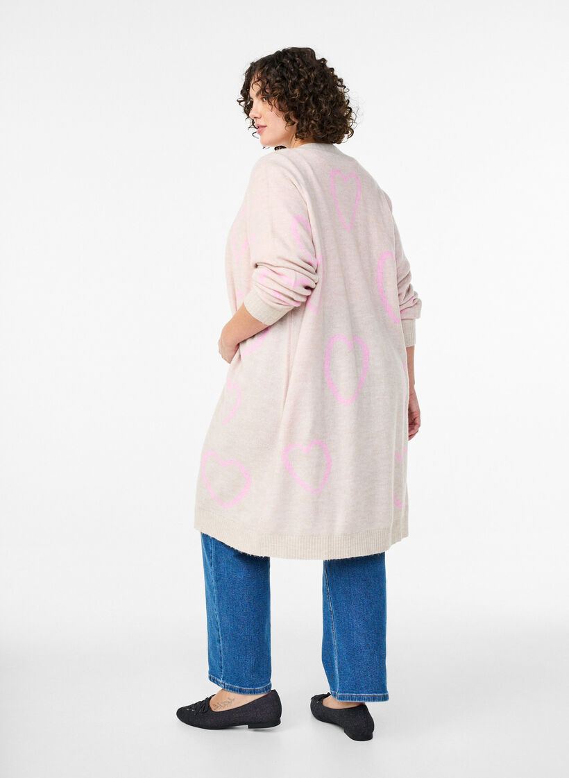 Long cardigan with tone-on-tone hearts, Beige, Model image number 2