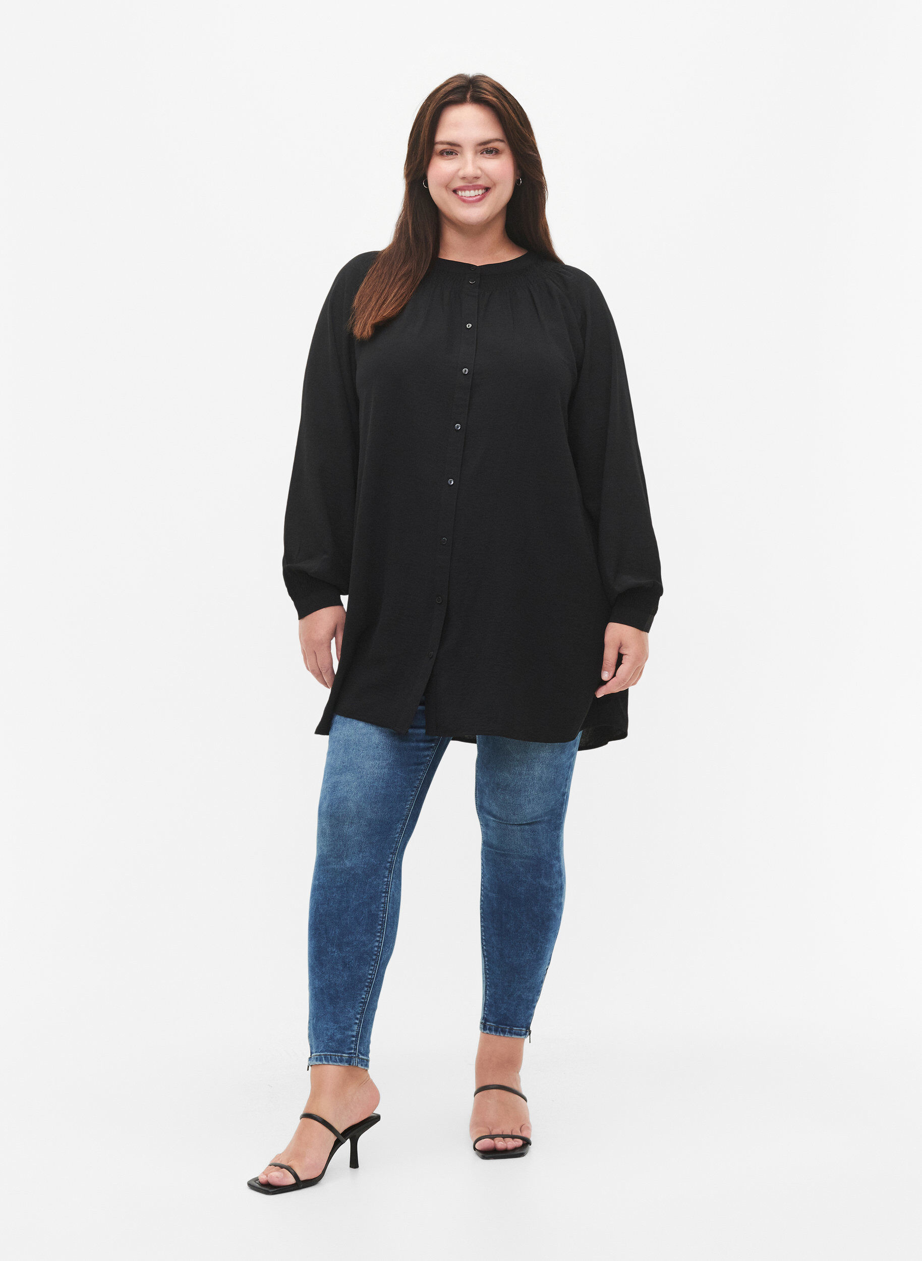 Zizzifashion Long-sleeved tunic with smock, Black, Model image number 2