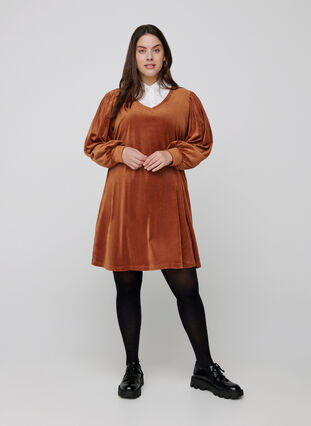 Velour dress with long puff sleeves, Brown ASS, Model image number 2