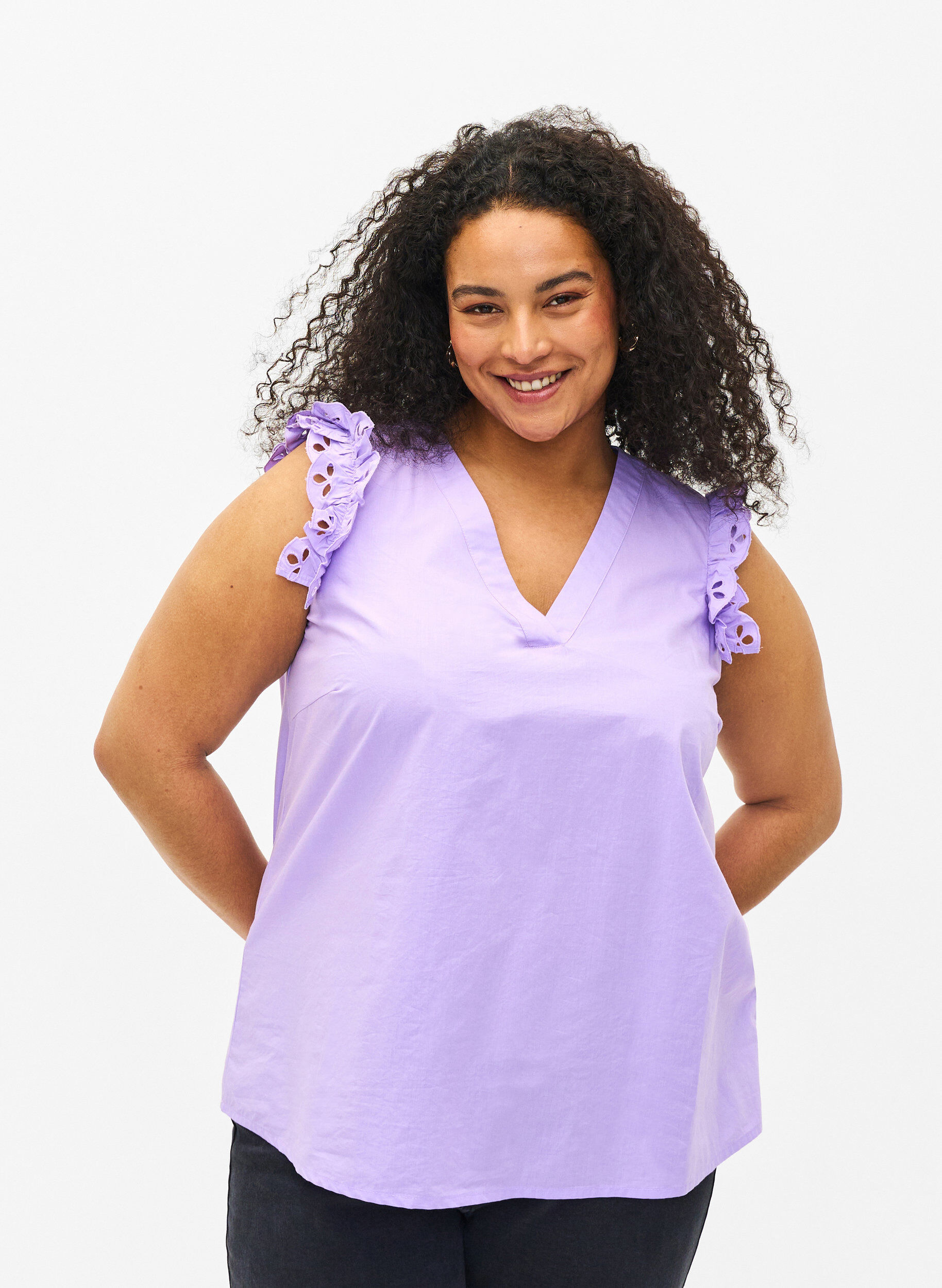 Zizzifashion Sleeveless cotton top with ruffles, Purple, Model image number 0