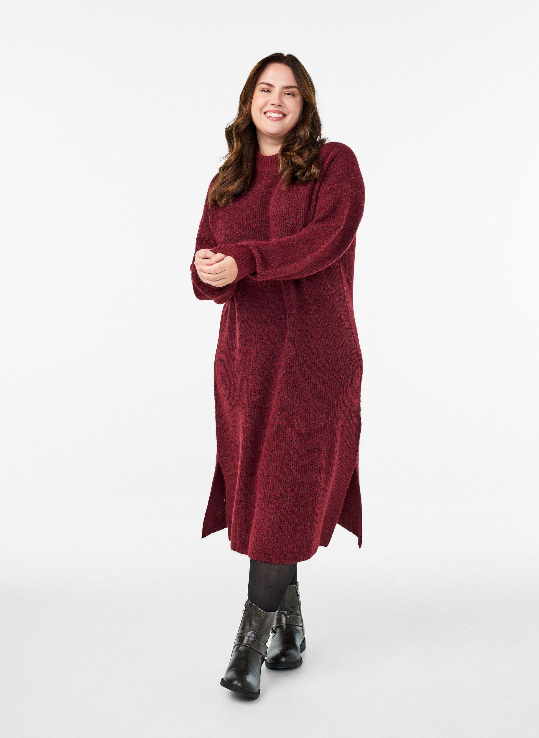 Long knitted dress with high neck, Red, Model