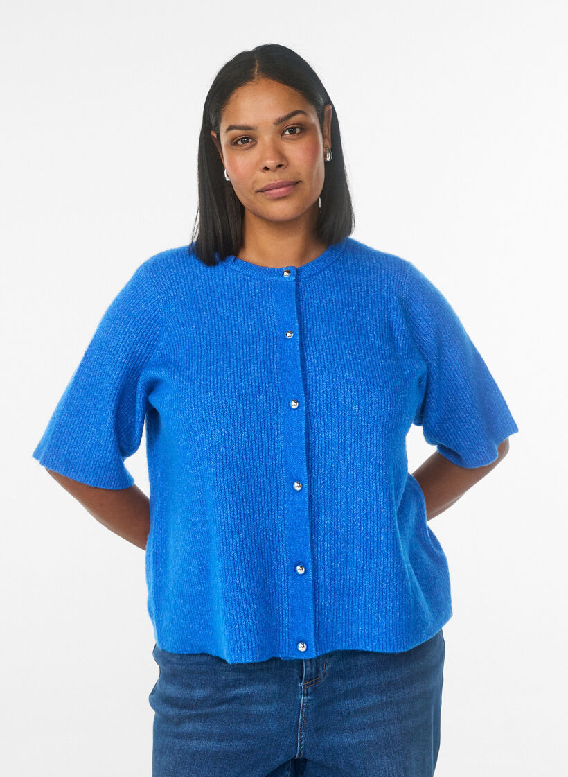 Short-sleeved knit cardigan with shiny ball buttons, Light Blue, Model image number 0
