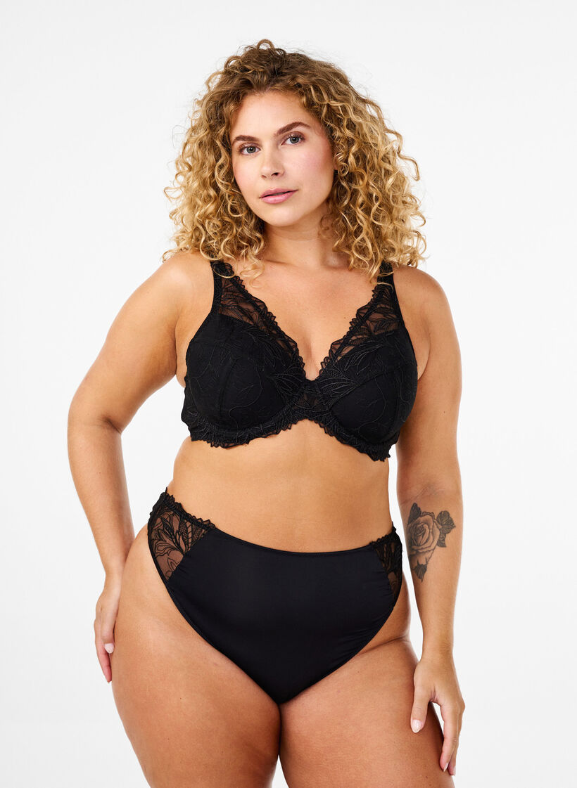 Microfiber thong with lace, Black, Model image number 0