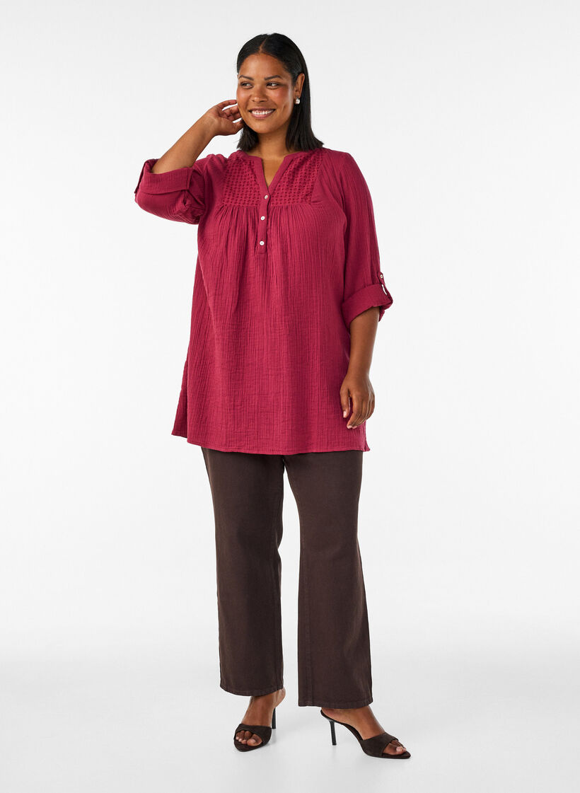 Cotton muslin tunic with broderie anglaise, Red, Model image number 1