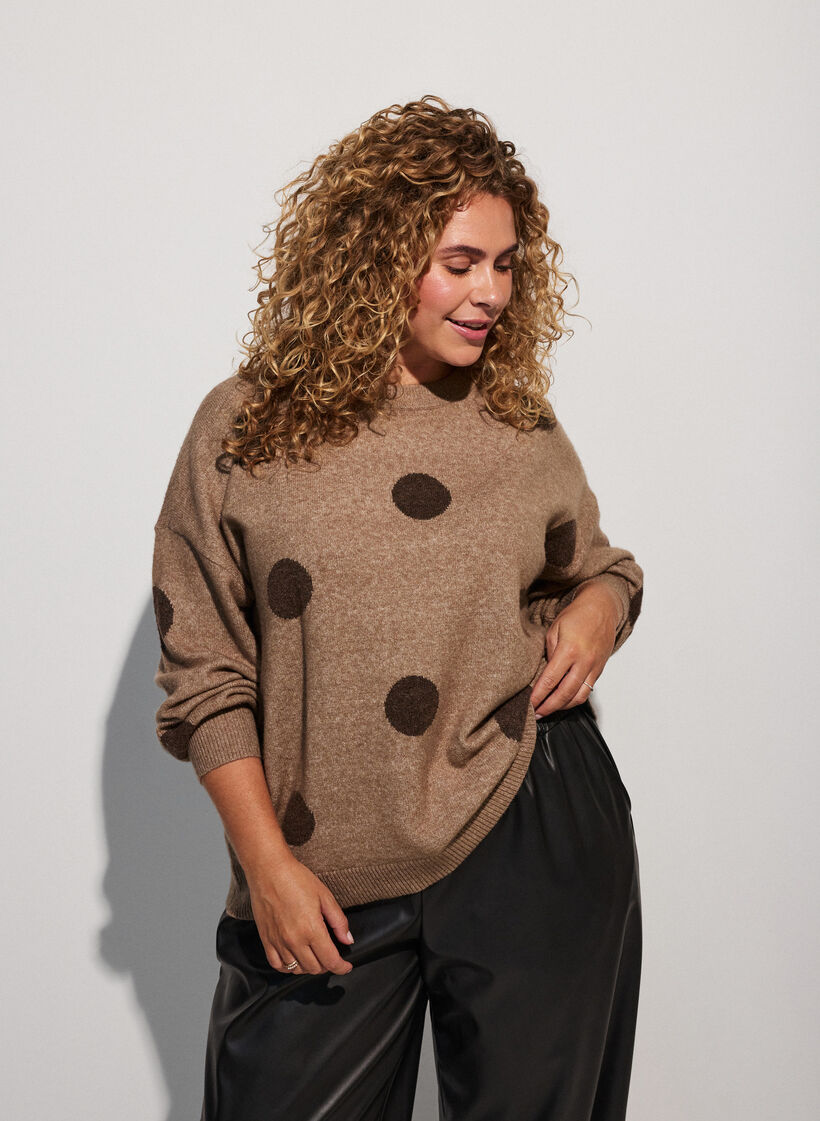 Knitted blouse with a dotted pattern, Brown, Model image number 0