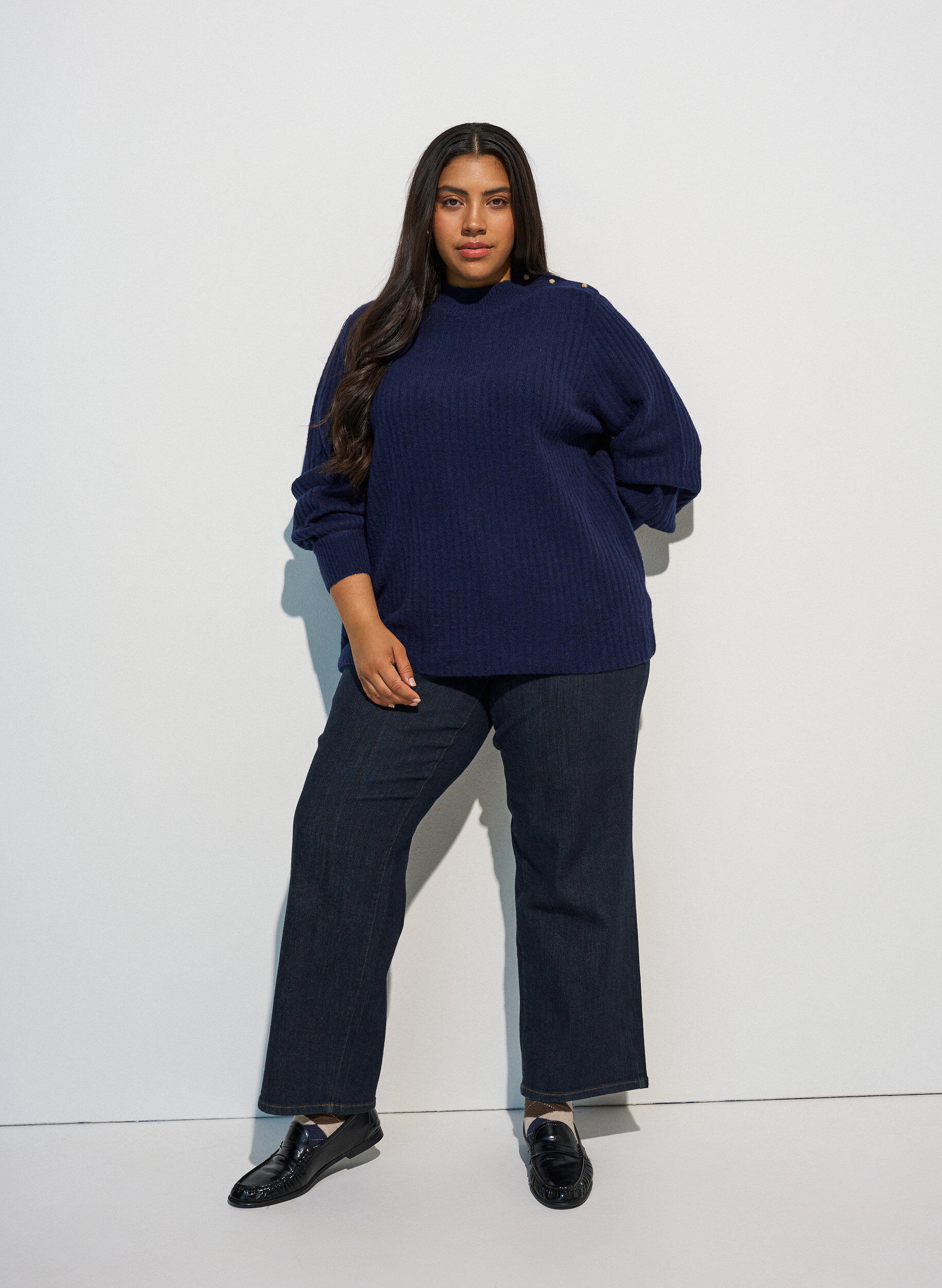 ZizzifashionRibbed jumper with puff sleeves and buttons, Blue, Model image number 1
