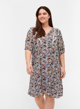 Short-sleeved viscose dress with print, Powder Puff AOP, Model image number 0