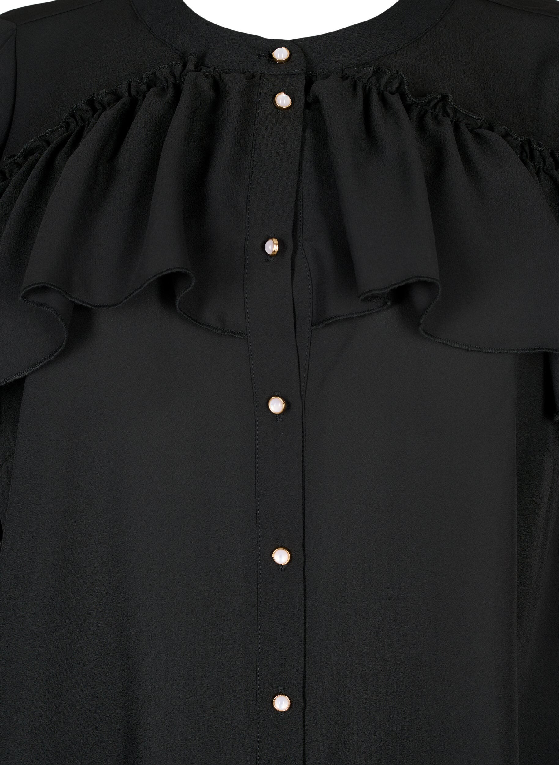 Zizzifashion Ruffle shirt blouse with pearl buttons, Black, Packshot image number 2