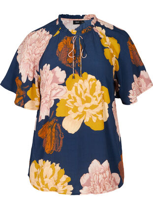Short-sleeved viscose blouse with floral print, Navy Blazer Flower, Packshot image number 0