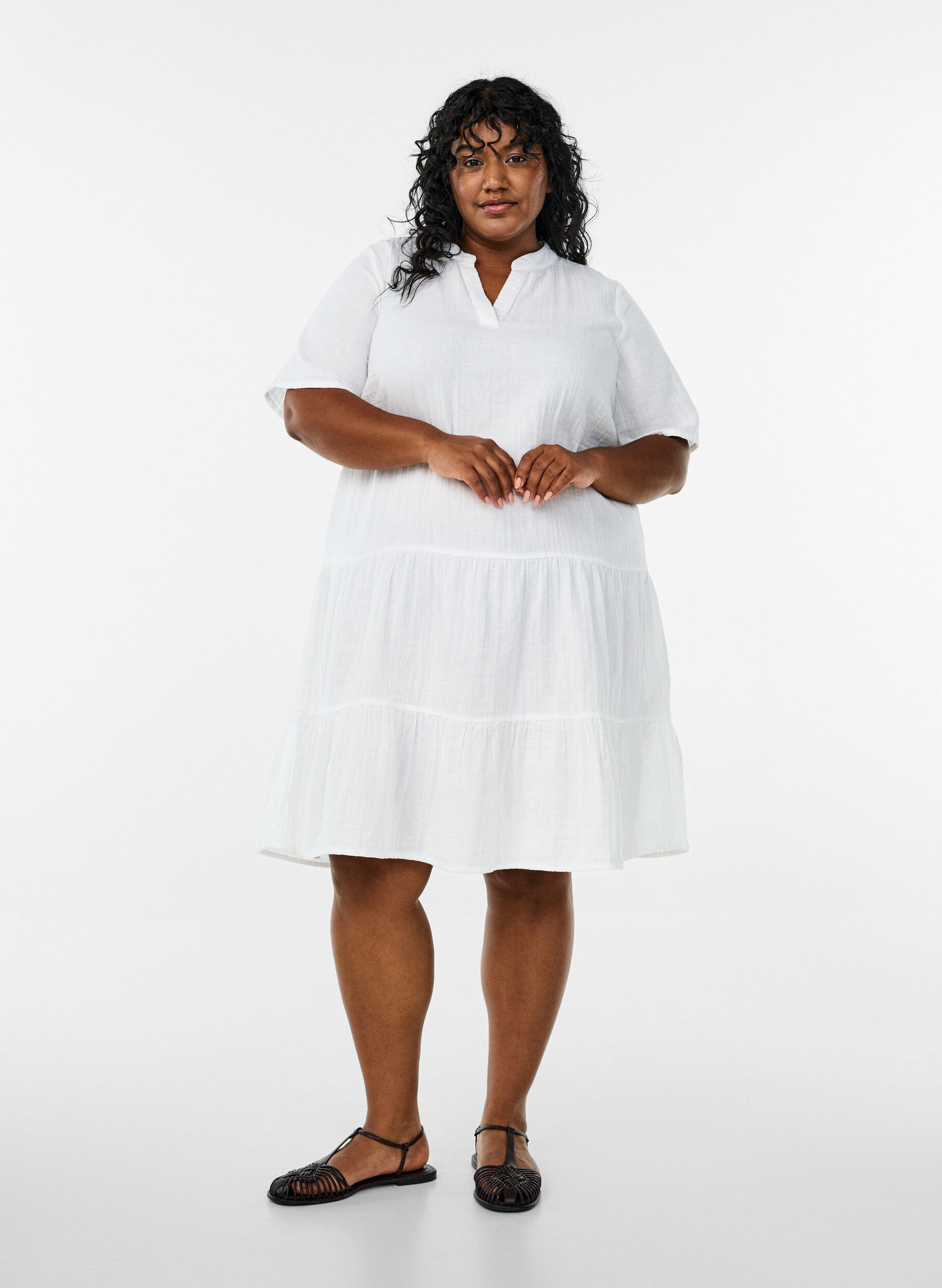 ZizzifashionShort A-line dress in cotton muslin, White, Model image number 1