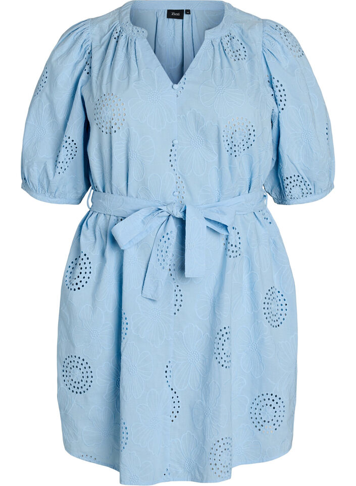 Short dress with floral and eyelet embroidery, Light Blue, Packshot image number 0