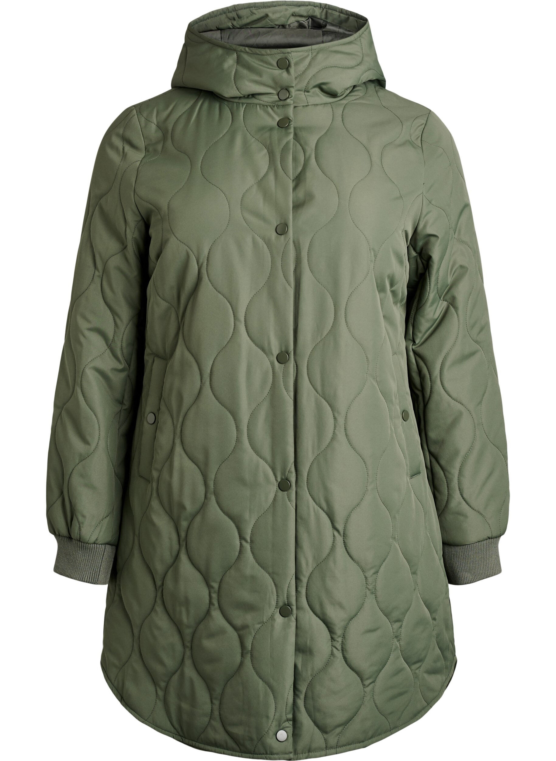 Mid-length quilted jacket with a hood