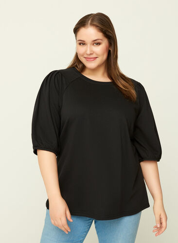 Sweat top with puff sleeves, Black, Model image number 0