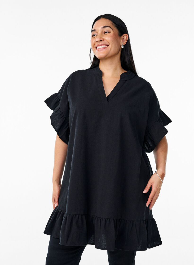 Tunic with V-neck and ruffle details, Black, Model image number 0